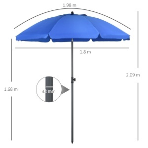 Umbrelă de Plajă 1.8x2 m cu Inclinație la 45° și 8 Stecche, Poliester și Oțel, Albastru - Img 3