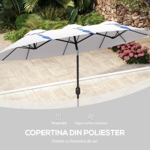 Umbrela de soare de gradina basculabila dubla cu deschidere cu manivela, copertina cu orificii cu ventilatie si 12 nervuri, 295x152x222cm, alb - Img 7