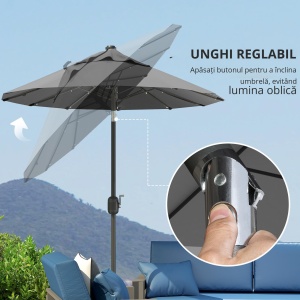 Umbrela de terasa cu doua fete cu lumini solare si baza in cruce, Umbrela de masa pentru exterior cu buton de inclinare, manivela, 2 orificii de ventilatie, pentru gradina, punte, Gri - Img 5