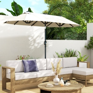 Umbrelă dublă, umbrelă terasă, înclinabilă, cu panou solar, 35 LED-uri, cadru din oțel, bej, 2,92 x 1,50 x 2,18 m - Img 9