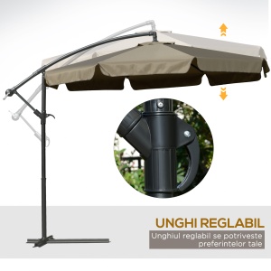 Umbrela Suspendată cu Copertină Reglabilă, Bază în Cruce, Orificii de Ventilaţie şi Manivelă, 2.7x2.7 m, Cafeniu - Img 5
