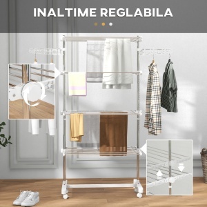 Uscător de Rufe Vertical Pliabil cu 6 Roți, Cârlige și 4 Rafturi Reglabile, 142x55x172 cm, Alb - Img 5