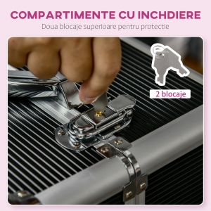 Valiza de make-up profesional din aluminiu si otel armat, cu incuietoare cu 2 chei si roti, negru 36x23x58cm - Img 6