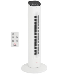Ventilator turn cu telecomandă, 3 viteze, mod de repaus, oscilație, temporizator de 15 ore, afișaj LED, alb