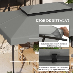 Acoperiș de Rezervă pentru Pavilion 4x3 m cu 2 Niveluri pentru Grădină, Copertină Rezistentă la Apă din Poliester 170g/㎡ cu 8 Găuri de Drenaj, Gri Deschis - Img 5