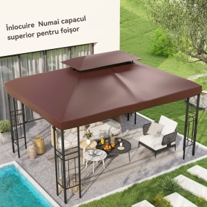 Acoperiș de Schimb pentru Foișor 4x3 m cu 2 Niveluri pentru Grădină, Acoperire Rezistentă la Apă din Material Oxford 370g/㎡ Anti-UV 30+ cu Orificii de Drenaj, Cafeniu - Img 2