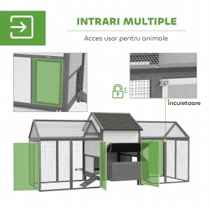 Adăpost din Lemn pentru Găini Ouașe de Exterior cu 2 Zone Laterale, Cuibar, Acoperiș Impermeabil, Tavă Glisantă, Loc de Odihnă, Uși și Rampă, pentru 2-4 Găini, 247x118x113.5cm, Gri - Img 5