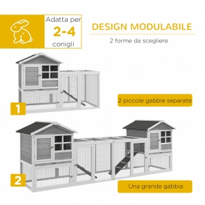 Adapost din Lemn pentru Iepuri pentru Exterior cu 2 Custi si Zona Deschisa Imprejmuita cu Usi si Rampe, 259x64x92 cm, Gri - Img 4