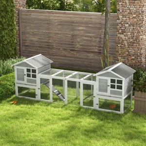 Adapost din Lemn pentru Iepuri pentru Exterior cu 2 Custi si Zona Deschisa Imprejmuita cu Usi si Rampe, 259x64x92 cm, Gri - Img 9