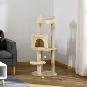 Ansamblu de Joacă pentru pisici adulte cu căsuță spațioasă și platformă, 104 cm, Crem - Img 8
