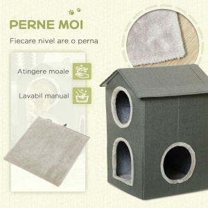 Ansamblu de joaca pentru pisici cu strat dublu, pat pentru pisici de tip cabina cu perne moi care pot fi spalate, centru de activitati cu spatii multiple pentru pisici, gri - Img 5