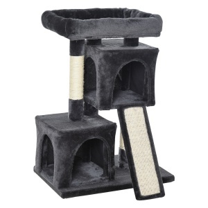 Ansamblu pentru pisici cu stalpi din sisal, pat si 2 Casute cu invelis de plus, 59x39x83cm, Negru - Img 1