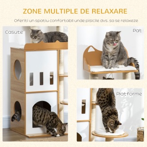 Ansamblul pentru pisici MDF cu stalpi de zgariat din sisal, 2 casute pentru pisici, platforme si minge de joaca, 60x48x133 cm, alb si stejar - Img 4