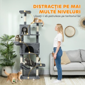 Arborele pentru Pisici mare, 202 cm, cu 6 Stâlpi de Zgâriat, 2 Hamace, 2 Stinghii, 2 Pompoane, Gri inchis - Img 4