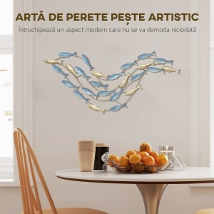 Artă de Perete Banc de Pești din Metal cu Șuruburi Incluse, 99.7x3.8x50.2 cm, Auriu și Albastru - Img 4