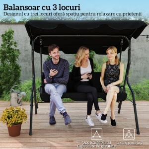 Balansoar de Grădină 3 Locuri cu Acoperiș Reglabil și Perne Moi din Poliester, Capacitate 240 kg, 170x110x153 cm, Negru - Img 6
