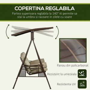 Balansoar de Gradina 3 Locuri din Otel si Poliester cu Baldachin Rabatabil din PC si Perne pentru Spatar si Brate, 208x120x174 cm, Maro si Kaki - Img 5