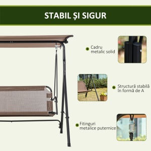 Balansoar de Gradina/Terasa 3 Locuri cu Baldachin Reglabil din Metal si Textilen, 172x110x155 cm, Maro - Img 5