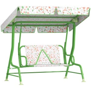 Balansoar pentru Copii de Exterior cu 2 Locuri cu Copertină Reglabilă și Centuri de Siguranță, 112x75x120 cm, Verde
