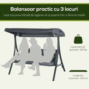 Balansoar pentru Exterior de Grădină cu 3 Locuri și Acoperiș Reglabil, Perne Decorative, 202x115x168 cm, Gri - Img 4