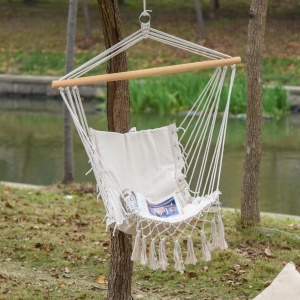 Balansoar Suspendat din Țesătură cu Ciucuri și Bară din Lemn de Plop, 90x50 cm, Crem - Img 2