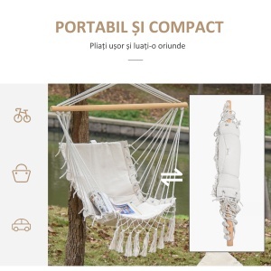 Balansoar Suspendat din Țesătură cu Ciucuri și Bară din Lemn de Plop, 90x50 cm, Crem - Img 7