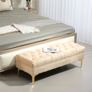 Bancă cu Husă Capitonată, Bancă Tapițată din Catifea cu Picioare Metalice, 118x45x42 cm, Bej - Img 2