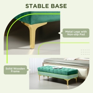 Bancă cu Husă Capitonată din Catifea cu Picioare Metalice pentru Hol, Coridor și Living, 118x45x42 cm, Verde - Img 6
