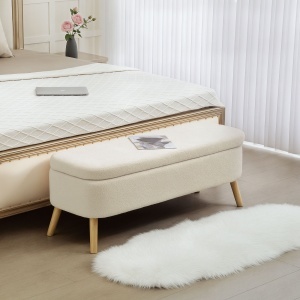 Banca de Depozitare de 65L din Material Teddy și Lemn, 120x42x45 cm, Bej - Img 2