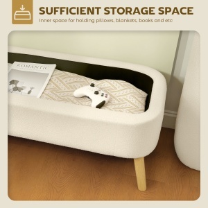 Banca de Depozitare de 65L din Material Teddy și Lemn, 120x42x45 cm, Bej - Img 4