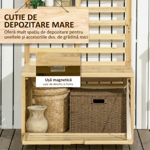 Bancă de Depozitare pentru Grădină din Lemn de Brad cu Spalier Integrat și 4 Rafturi, Bancă de Depozitare Exterior Impermeabilă cu Închidere Magnetică, 80x45x160 cm, Culoare Lemn - Img 4