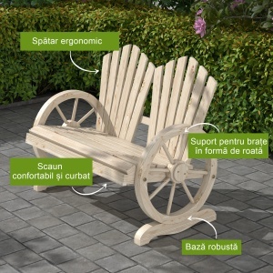 Bancă de Grădină pentru 2 Persoane cu Mânere în Formă de Roată, Bancă de Exterior din Lemn de Brad, pentru Terasă și Curte, 108x66x95 cm, Finisaj Lemn Natural - Img 4