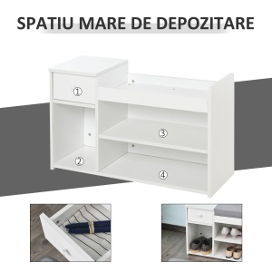 Banca Pantofar Alb – Lemn cu Perna, Sertar & 3 Compartimente - Img 4