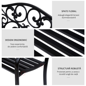 Banca pentru exterior din metal, 127x60x89cm, negru - Img 5