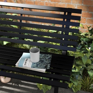 Bancă pentru Grădină, Bancă de Exterior pentru Terasă cu Șezut și Spătar cu Lamele, 123x67x79 cm, Negru - Img 7