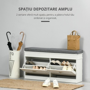 Bancheta Pantofar Lemn – Cu Sertare, Perna & Raft 8 Perechi - Img 5