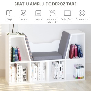 Bibliotecă 2 în 1 cu Perne Confortabile și 6 Compartimente, Mobilier Multifuncțional pentru Cărți și Jocuri, Raft cu 6 Cuburi pentru Sufragerie, Dormitor și Birou, 102x30x61 cm, Alb - Img 4