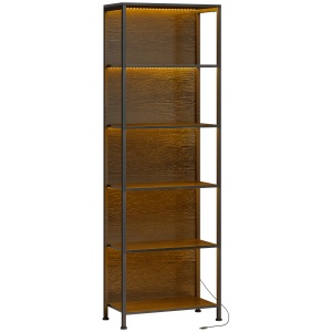 Bibliotecă Industrială cu 5 Rafturi și Iluminare LED, din Metal și Lemn, 60x30x179 cm, Negru