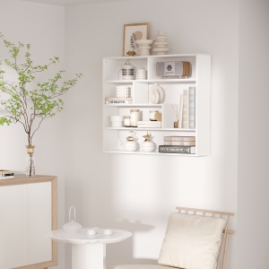 Biblioteca moderna de perete cu 4 niveluri , raft din lemn care economiseste spatiu pentru living si birou, 94x19,5x80cm, alb - Img 2