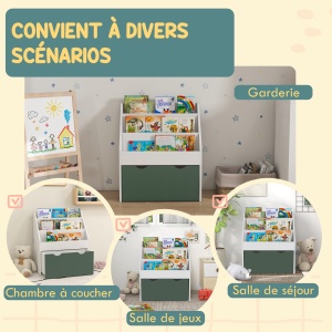 Bibliotecă pentru Copii cu Rafturi, Sertar, pentru Dormitor, Cameră de Joacă, Alb și Verde - Img 7