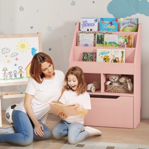 Bibliotecă pentru Copii cu Rafturi, Sertar și Roți, Raft pentru Jucării și Cărți, 60x29.9x90 cm, Roz - Img 2