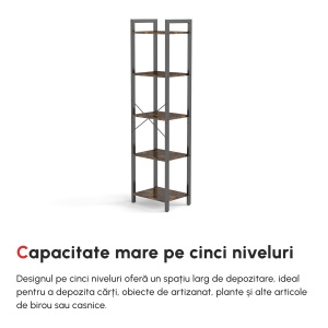 Bibliotecă stil industrial cu 5 rafturi din lemn și oțel, 40x30x154cm - Maro rustic - Img 7