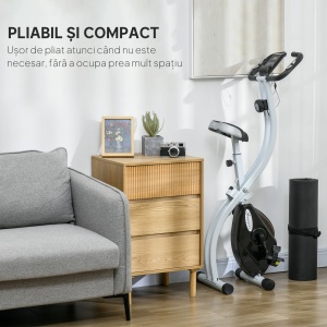 Bicicletă Fitness Pliabilă Magnetică cu 8 Niveluri de Rezistență, Ecran LCD, Șa Reglabilă, Suport pentru Tabletă, Roți, Senzor de Puls, din Oțel, Negru - Img 8