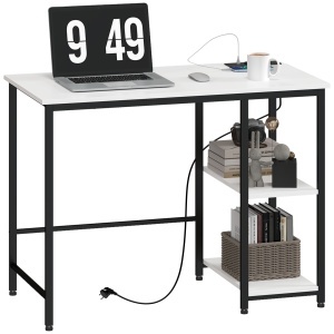 Birou Computer – Alb/Negru cu Rafturi Reversibile & USB Integrat