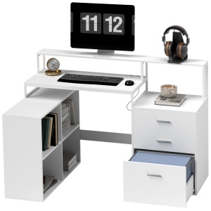 Birou în Formă de L cu Prize de Curent, Sertar și Suport pentru Monitor, 138,5x90x92 cm, Alb