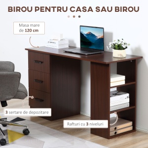 Birou Lemn Nuc – Cu 3 Sertare & 3 Rafturi Reversibile, 120 cm - Img 4