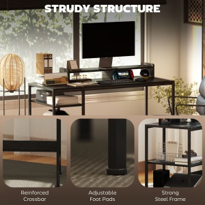 Birou PC cu Rafturi Reversibile, Suport pentru Monitor și 2 Rafturi Reglabile, 120x48x85,5 cm, Negru - Img 7