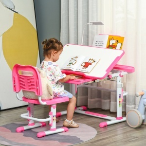 Birou pentru Copii cu Scaun Reglabil, Masă cu Sertar, Lampă și Suprafață Înclinabilă, 80x49,5x82-104 cm, Roz - Img 2