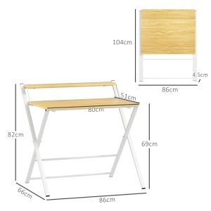 Birou Pliabil pentru Spații Mici, Birou Pliabil pentru Computer cu Raft de Depozitare, 86x66x82 cm, Lemn Natural - Img 3