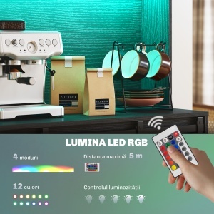 Bufet de Bucătărie cu Suport pentru Sticle, Priză și Iluminare LED, Negru - Img 6